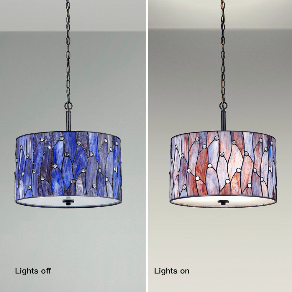 Vines 3-Light Tiffany Glass Shade Pendant Lamp, Purple