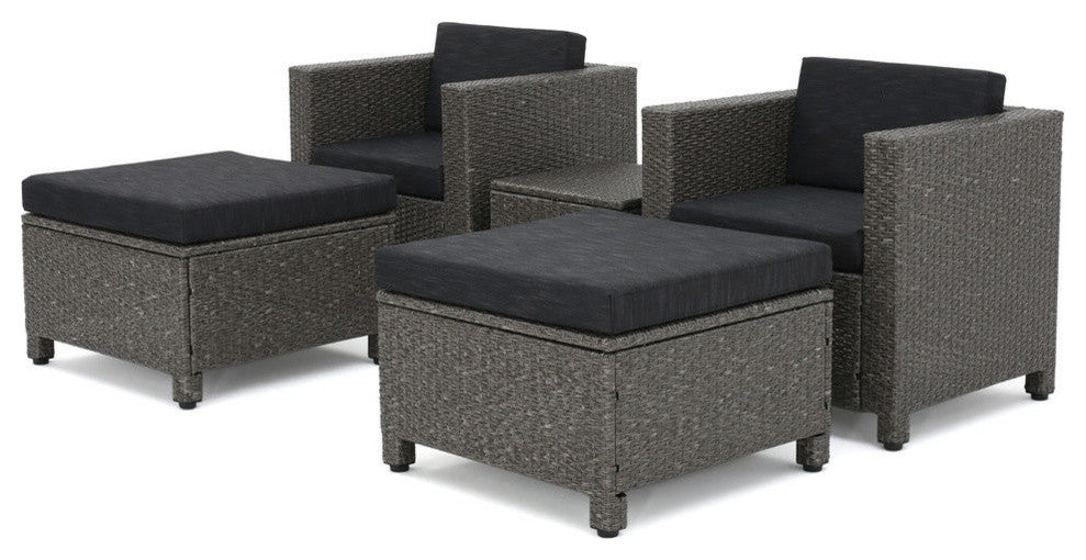 GDF Studio 5-Piece Venice Outdoor Wicker Chat Set With Water Resistant Cushions, Dark Gray