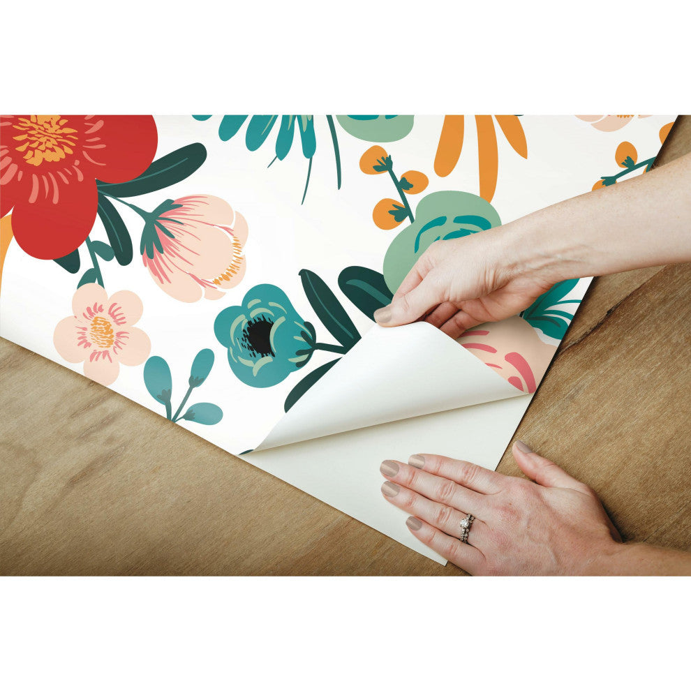 Poppy Floral Peel and Stick Wallpaper, Red and Blue