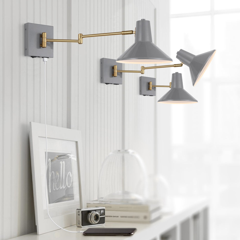 Hygge Swing Arm 1-Light Modern Midcentury Iron USB Charging Port LED Sconce, Gra