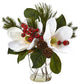 Magnolia, Pine, and Berry Holiday Arrangement in Glass Vase