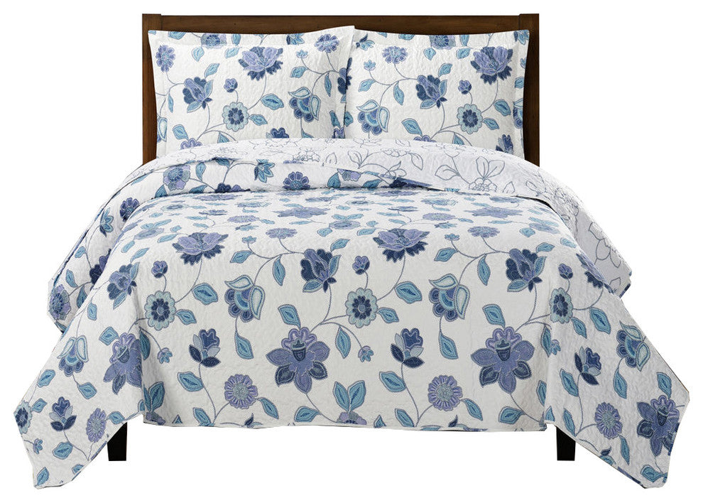 Miranda 100% Microfiber Printed Oversized Reversible Coverlet Set, Full/Queen