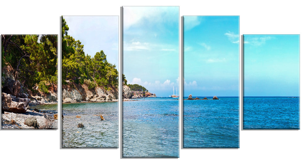 "Wild Blue Beach Panorama View" Seashore Wall Art, 5 Panels, 60"x32"