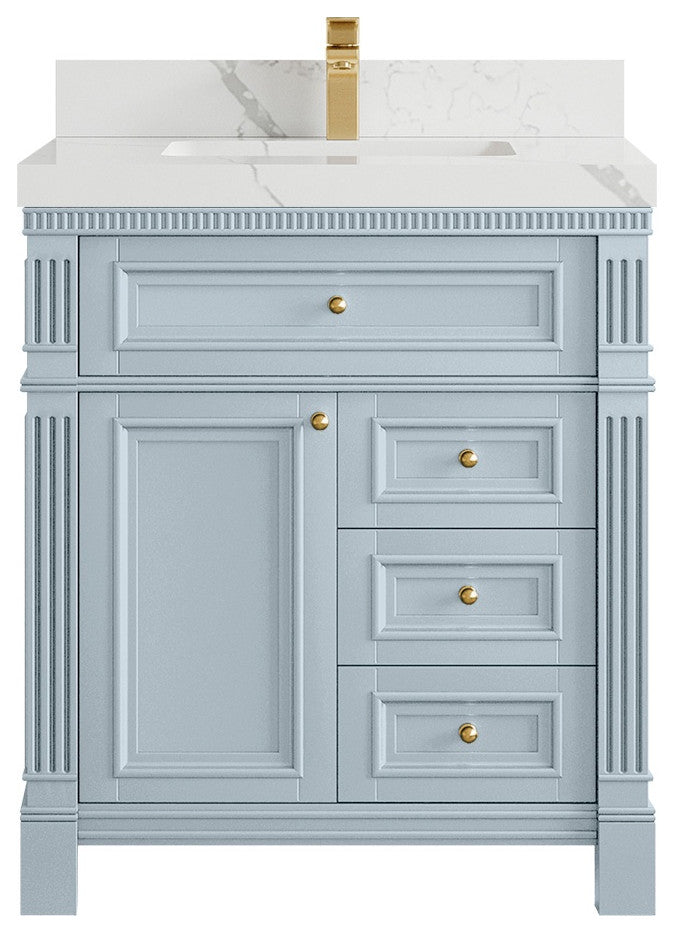 Paris 30" Single Sink Bathroom Vanity, Blue Heather 2" Calacatta Laza