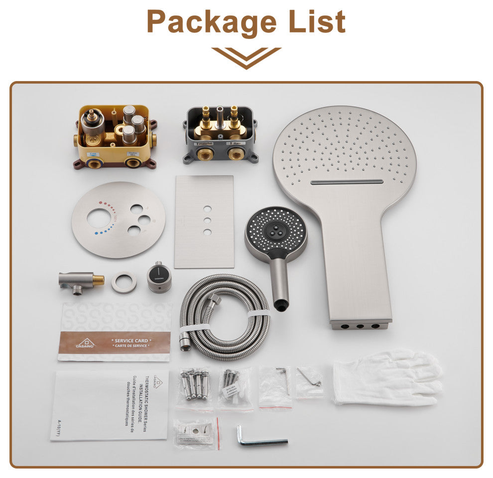 22" Luxury Shower System Set with 3 Way Thermostatic Faucet, Brushed Nickel