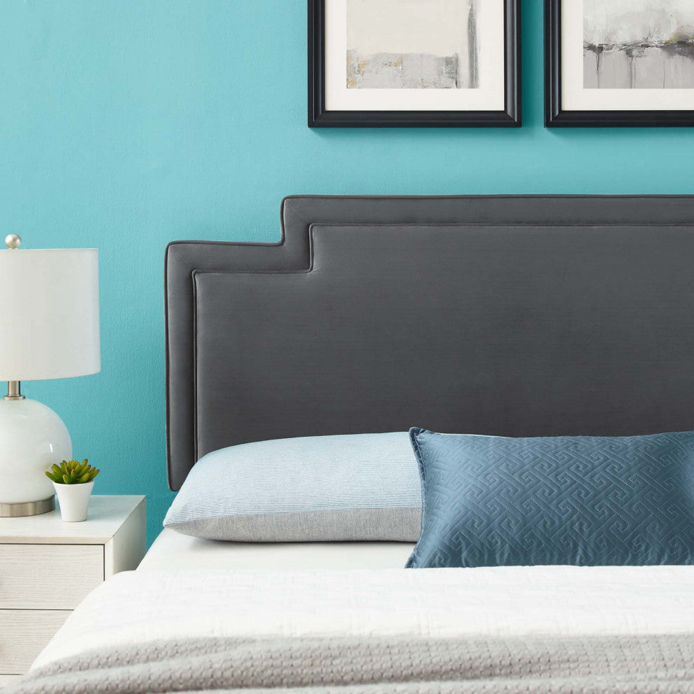 Headboard, Twin Size, Charcoal Gray, Velvet, French, Mid Century Guest