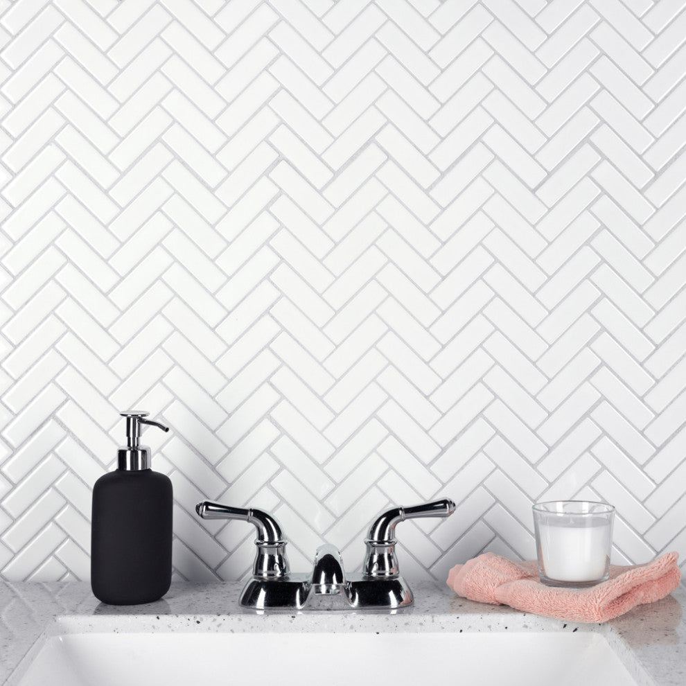 Metro Brick Herringbone Glossy White Porcelain Floor and Wall Tile
