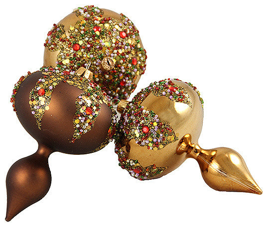 Set of 3 Mocha Brown Glitter Sequin Beaded Shatterproof Christmas Ornaments