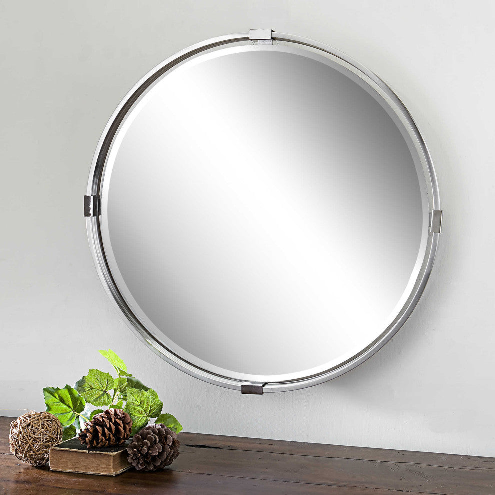 30" Round Wall Mirror, Silver Nickel Chrome
