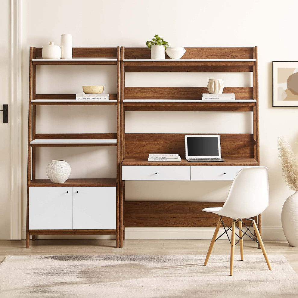 Bixby 2-Piece Wood Office Desk and Bookshelf, Walnut White