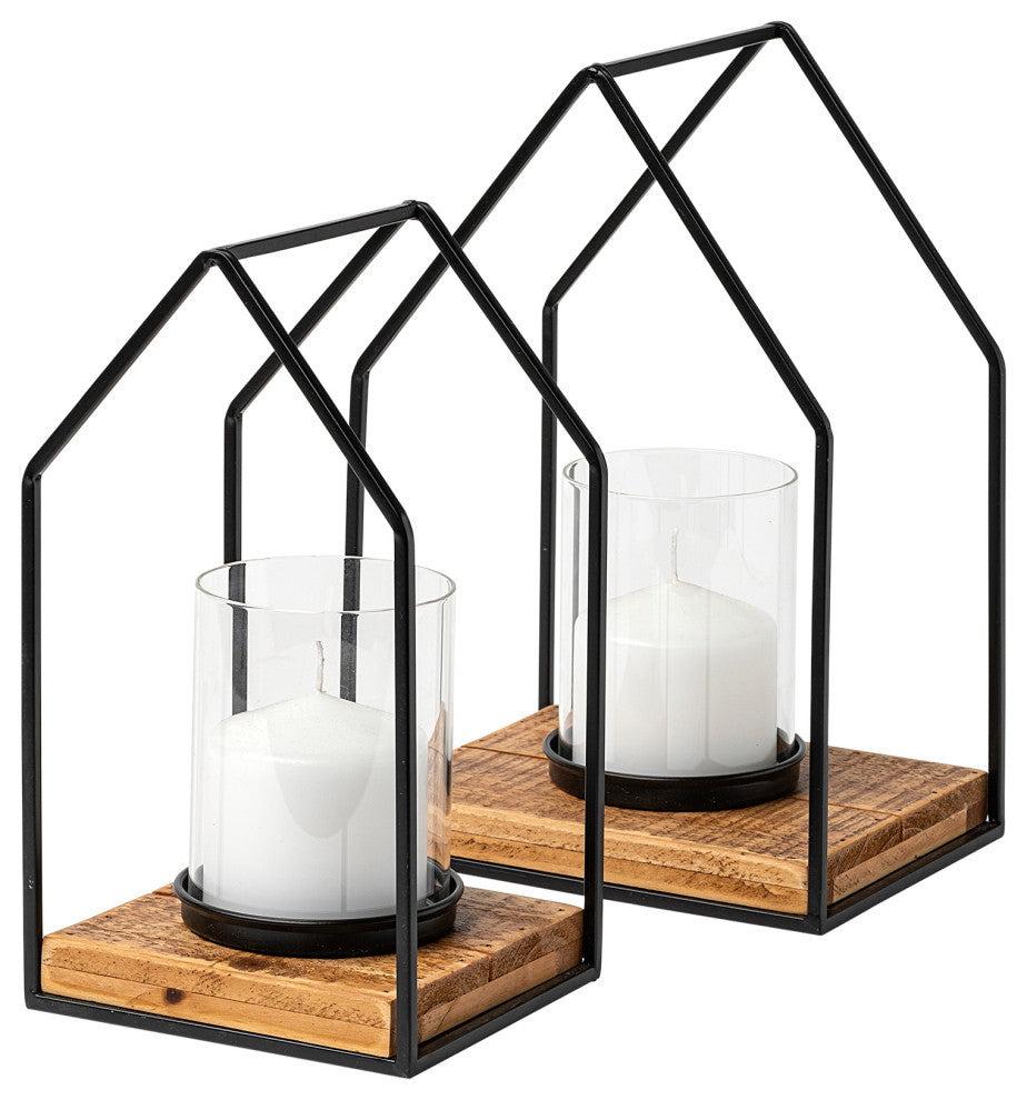 Leopold 2-Piece Set Black Metal Wooden Base Table Candle Holders