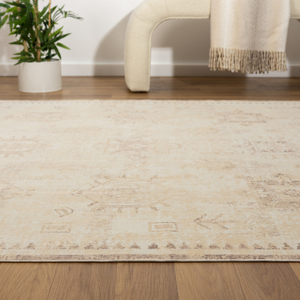 Ayla Beige Traditional Motif Waterproof Area Rug, 2' X 5'