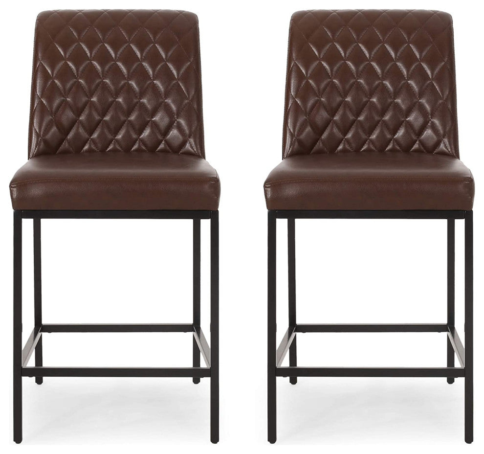 Set of 2 Counter Stool, Faux Leather Seat With Diamond Tufting, Dark Brown