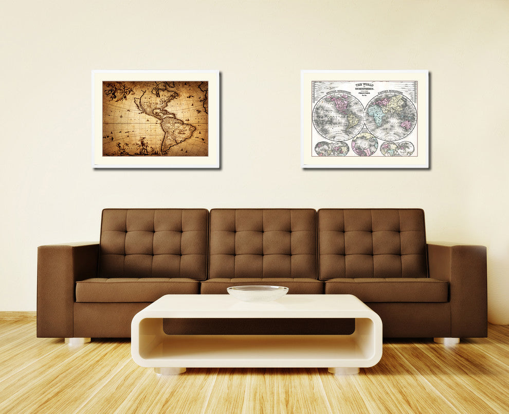 America Vintage Old Map Print On Canvas With Picture Frame 28" X 37"