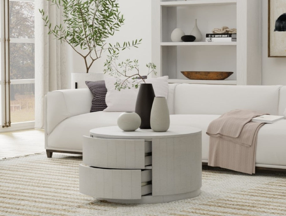 Christa 2-Drawer 30" Round Coffee Table, Whitewash
