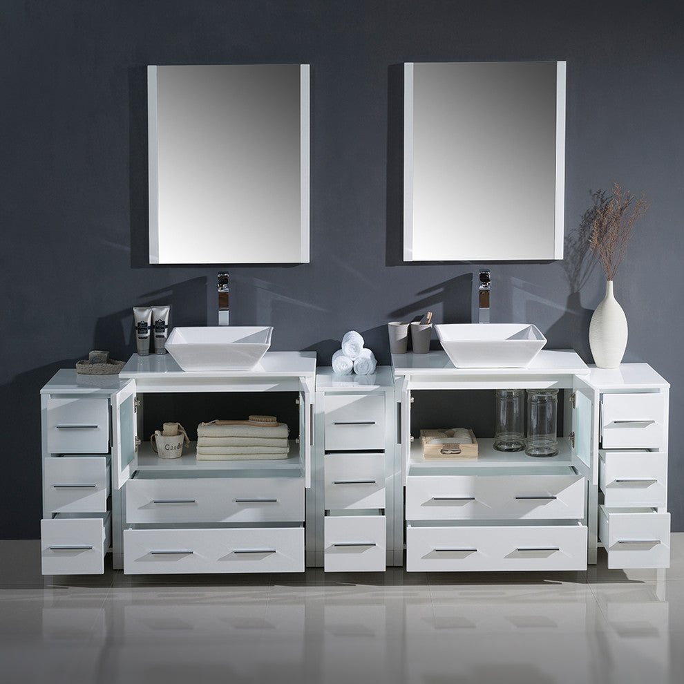 Torino 96" White Modern Double Sink Bathroom Vanity, Faucet FFT3072BN