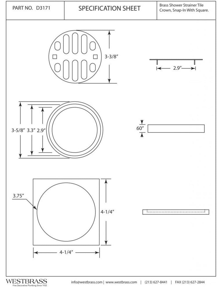 Shower Strainer Trim - 4.5" Od Square, Crown, And Grill In Polished Brass