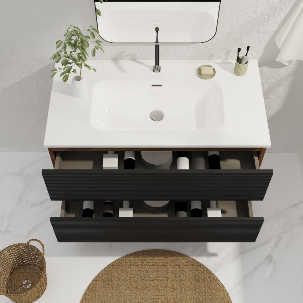 Wall-Mounted Bathroom Vanity Set with Integrated Ceramic Sink, Black, 36"