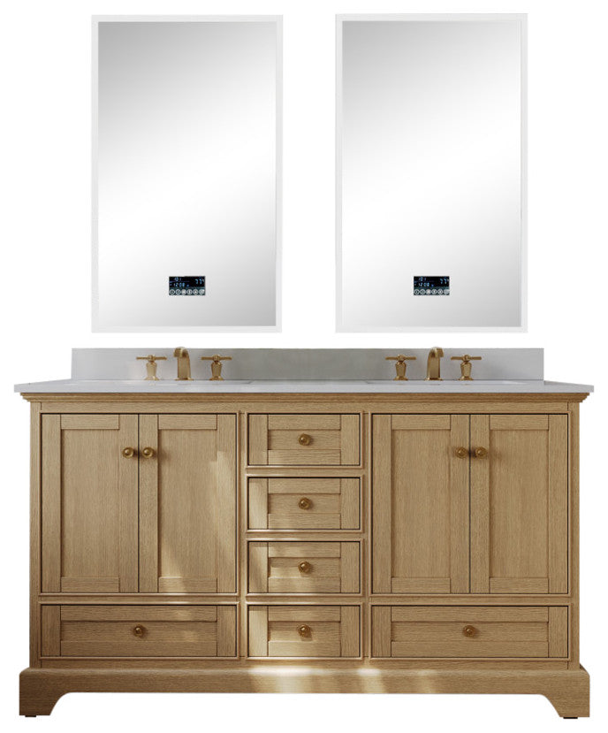 Audrey Vanity Set, Oak, 60", Gold Hardware, White Quartz Top
