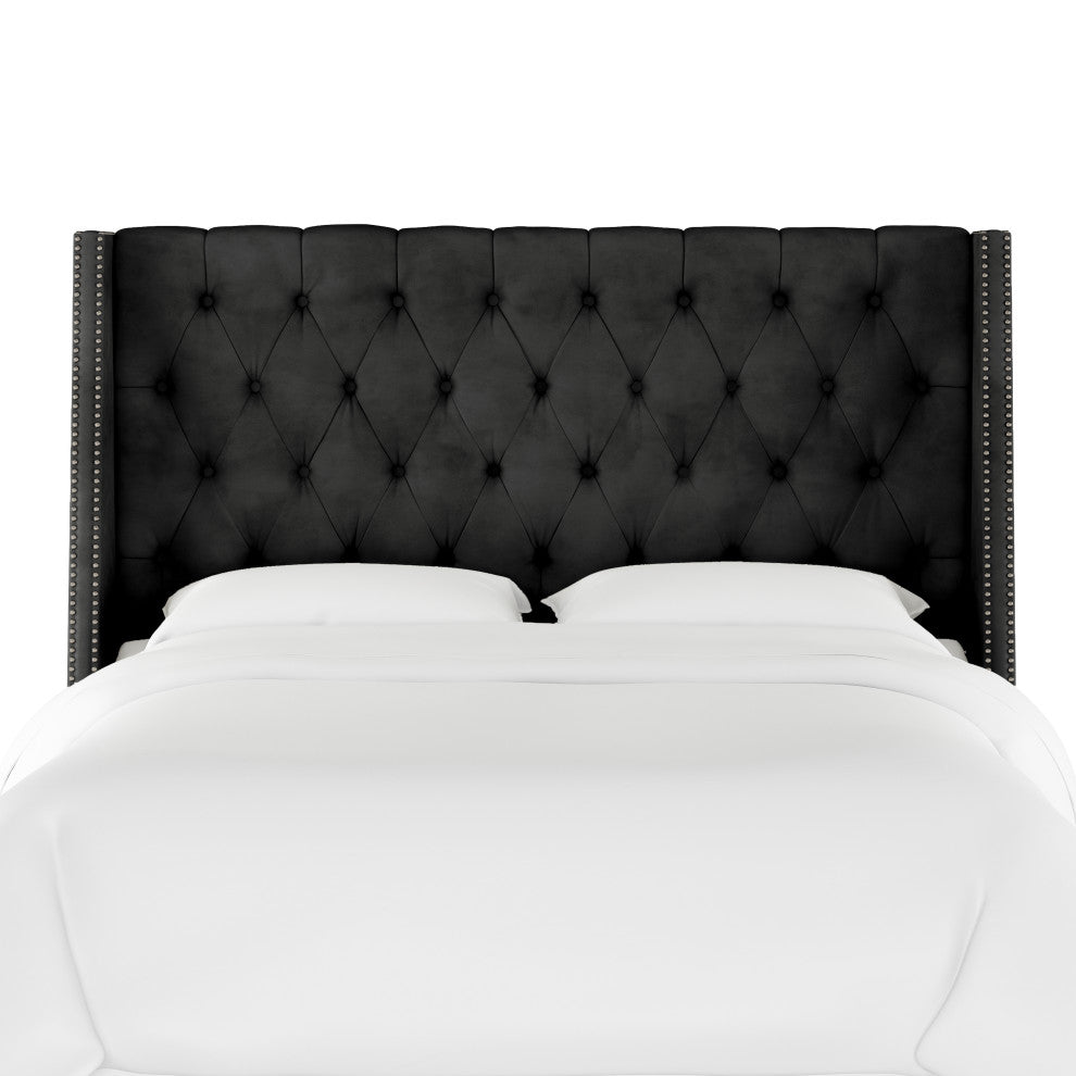 Williams Full Nail Button Wingback Headboard, Velvet Black