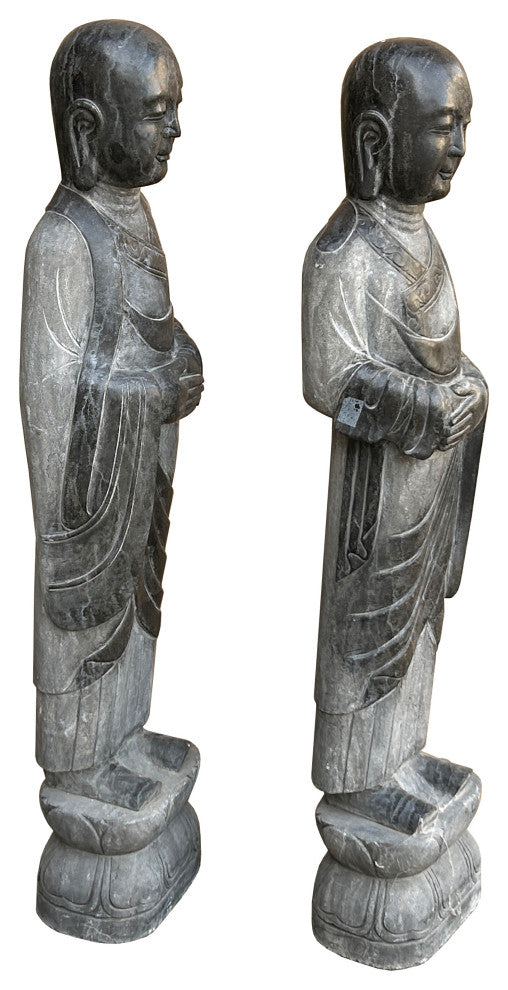 Pair Black Gray Stone Carved Standing Monk Arhat Lohan Statues Hws4335P