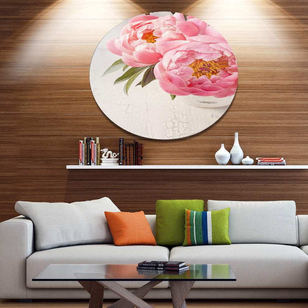 Peony Flowers In Vase Photography, Floral Disc Metal Artwork, 11"