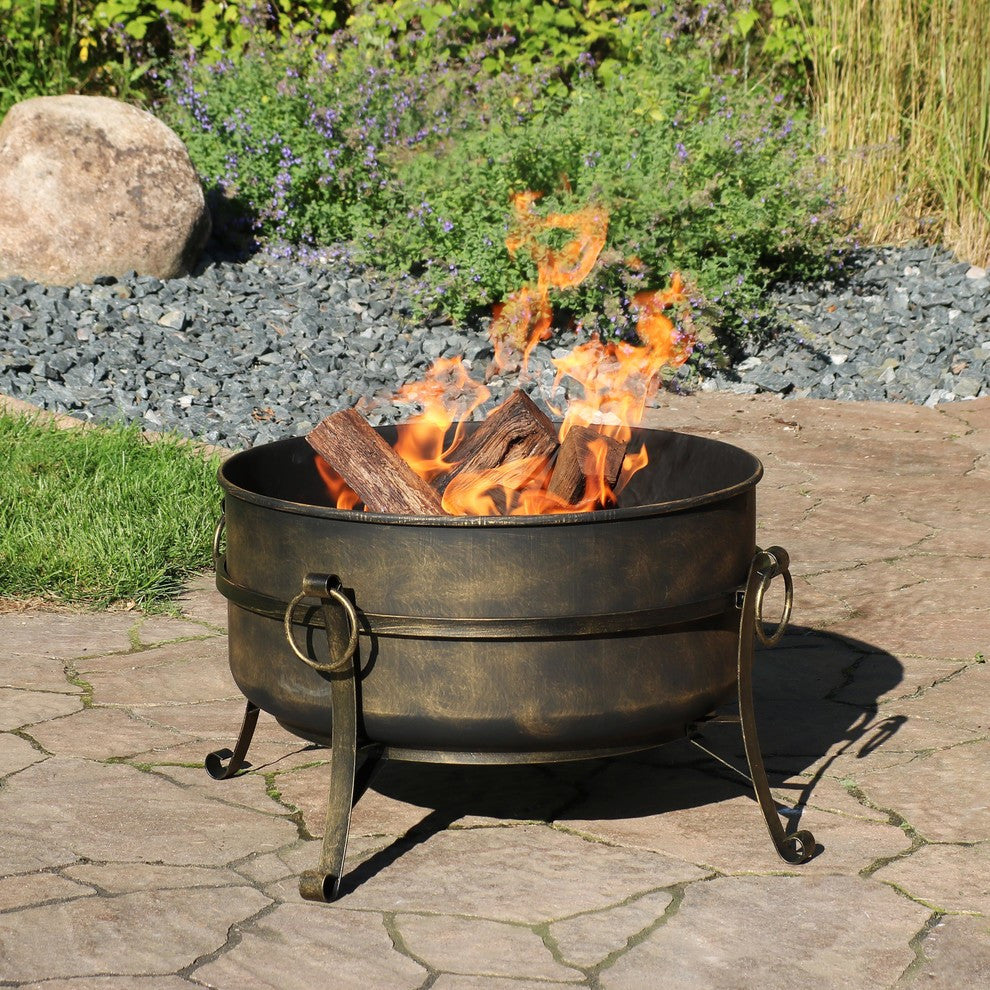 Sunnydaze Black Steel Outdoor Cauldron Fire Pit With Spark Screen, 24"