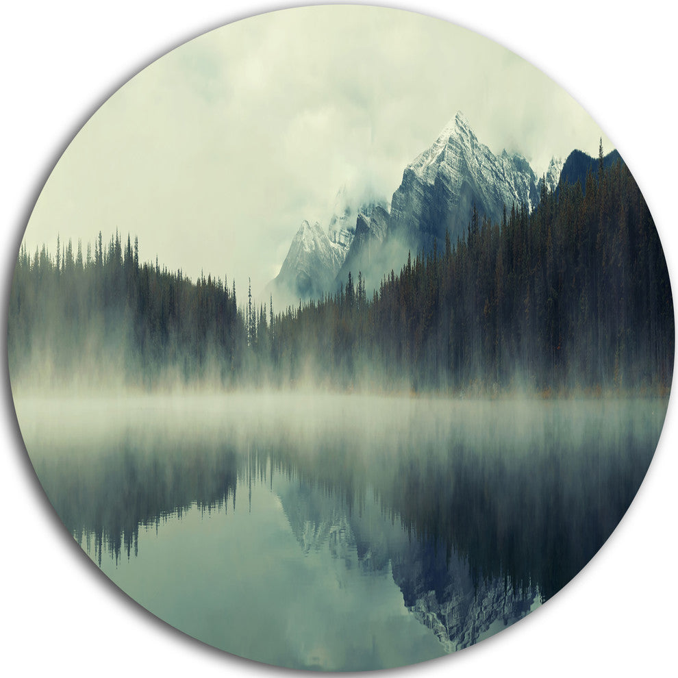Lake Herbert In Foggy Morning, Modern Seascape Disc Metal Wall Art, 36"