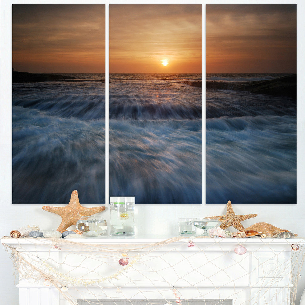 "Sunrise Over Rushing White Waves" Beach Metal Wall Art, 3 Panels, 36"x28"