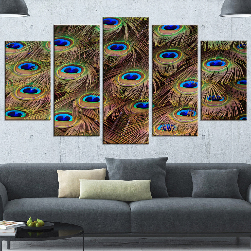 Peacock Bird Tail Feathers in Close Up, Animal Canvas Print, 60"x32", 5 Panels