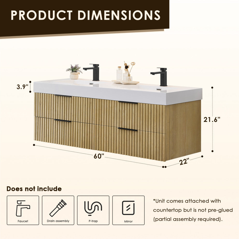 Livia Wall-mounted Bathroom Vanity, Nature Brown, 60inch, No Mirror