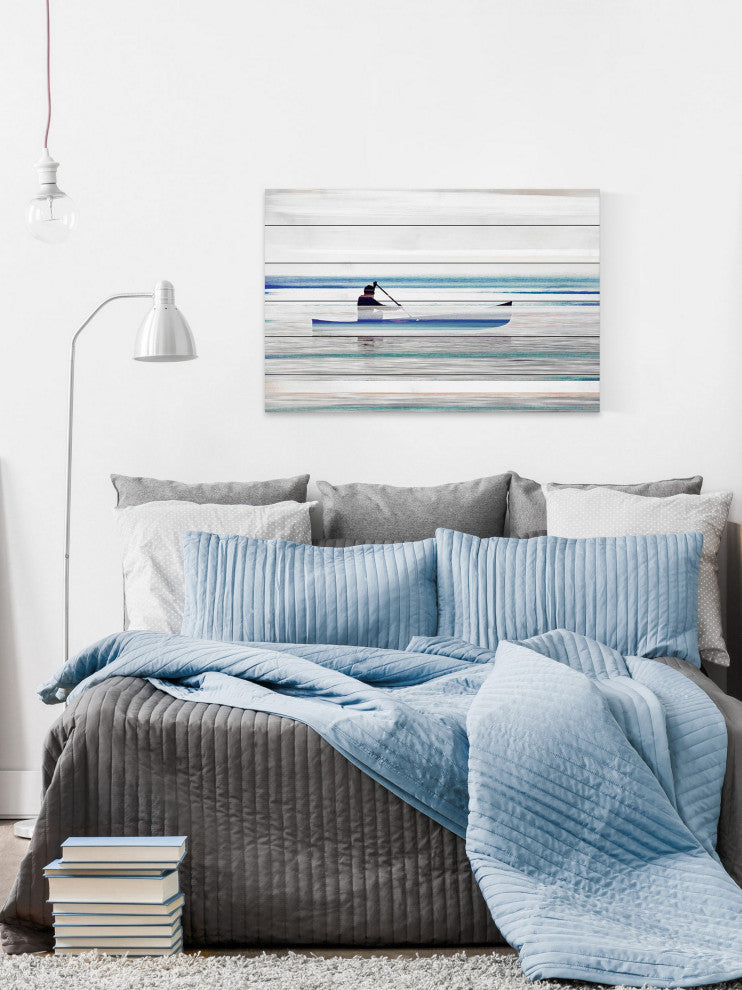 "Canoe on Calm Lake" Print on White Wood, 36"x24"