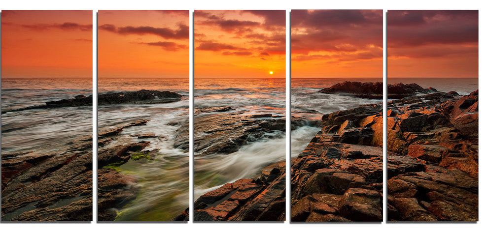 "Stormy Waves Rushing Into Rocks" Beach Canvas Wall Art, 5 Panels, 60"x28"