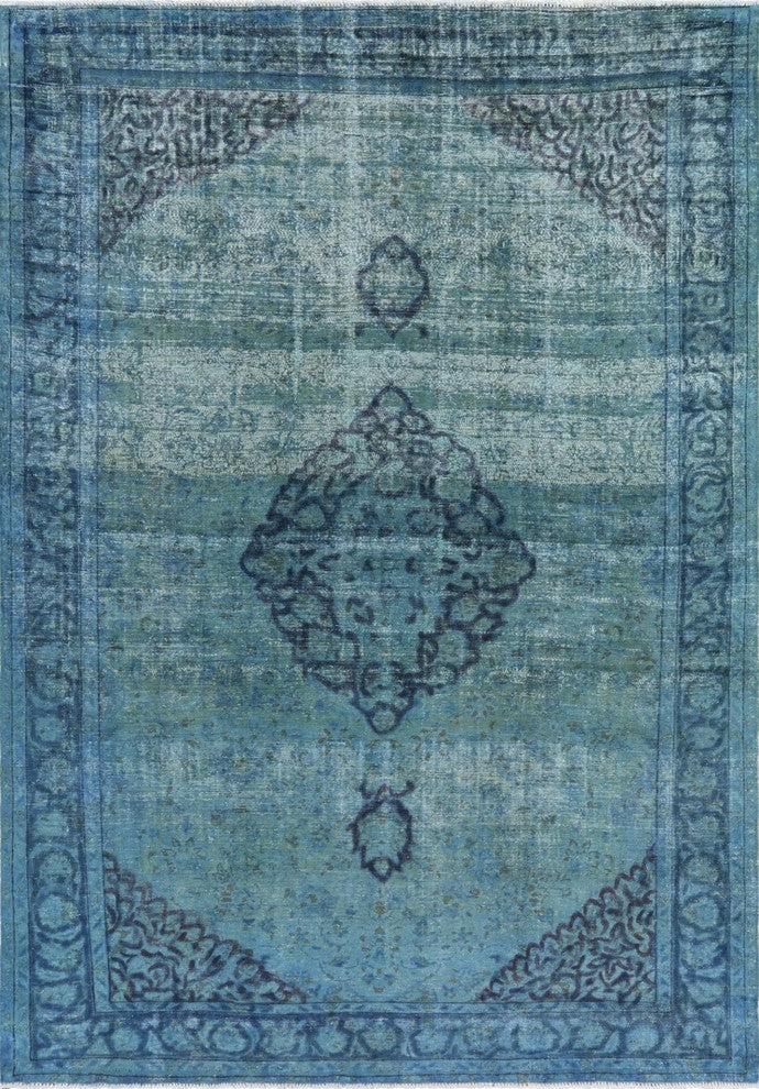 Traditional 7x10 Green Overdyed Hand Knotted Floral Oriental Wool Area Rug