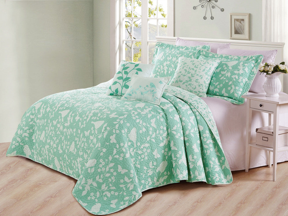Birdsong 6-Piece Bed Spread Set, Green, Jumbo King / Cal King, 122"x106"