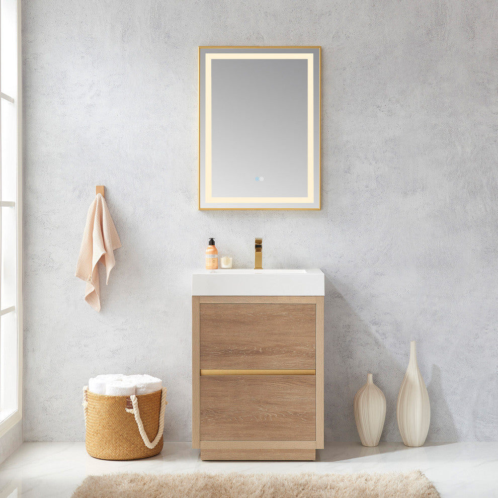 Huesca Bath Vanity, Integrated Sink Top, North American Oak, 24", Without Mirror