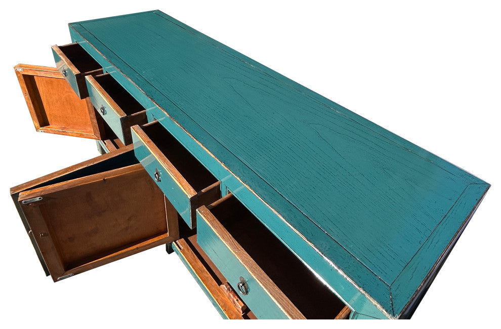 Oriental Distressed Teal Blue Credenza Sideboard Buffet Table Cabinet Hws4408