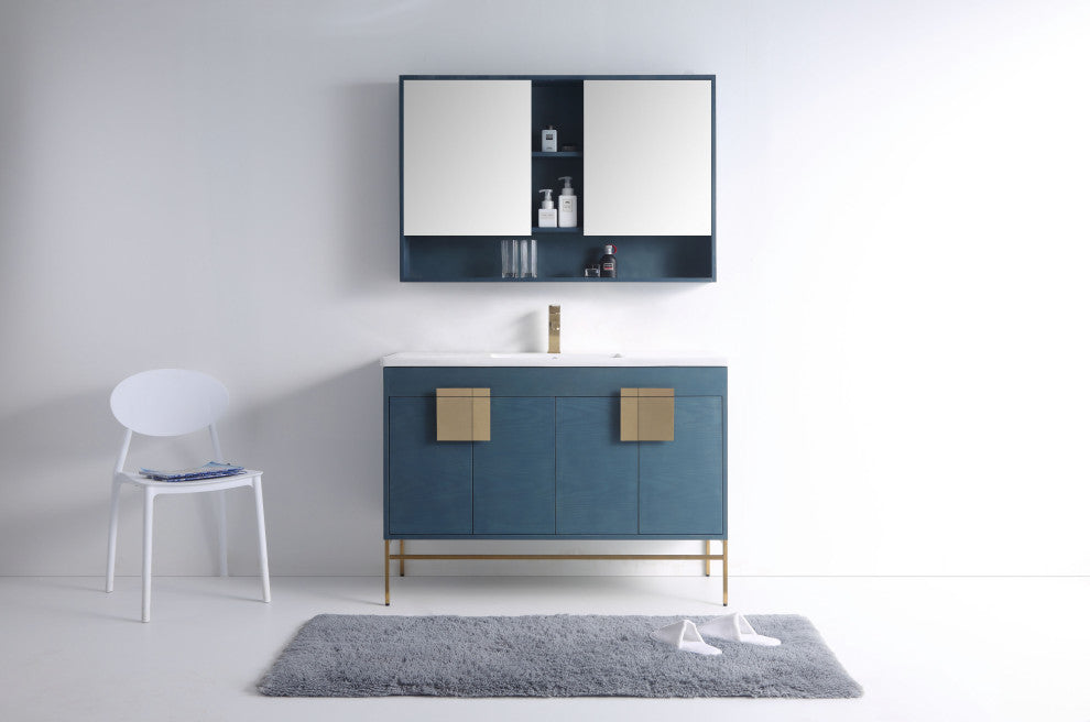 Modern Blue Bathroom Vanity Set, Satin Brass Hardware, Vireous China Sink Top