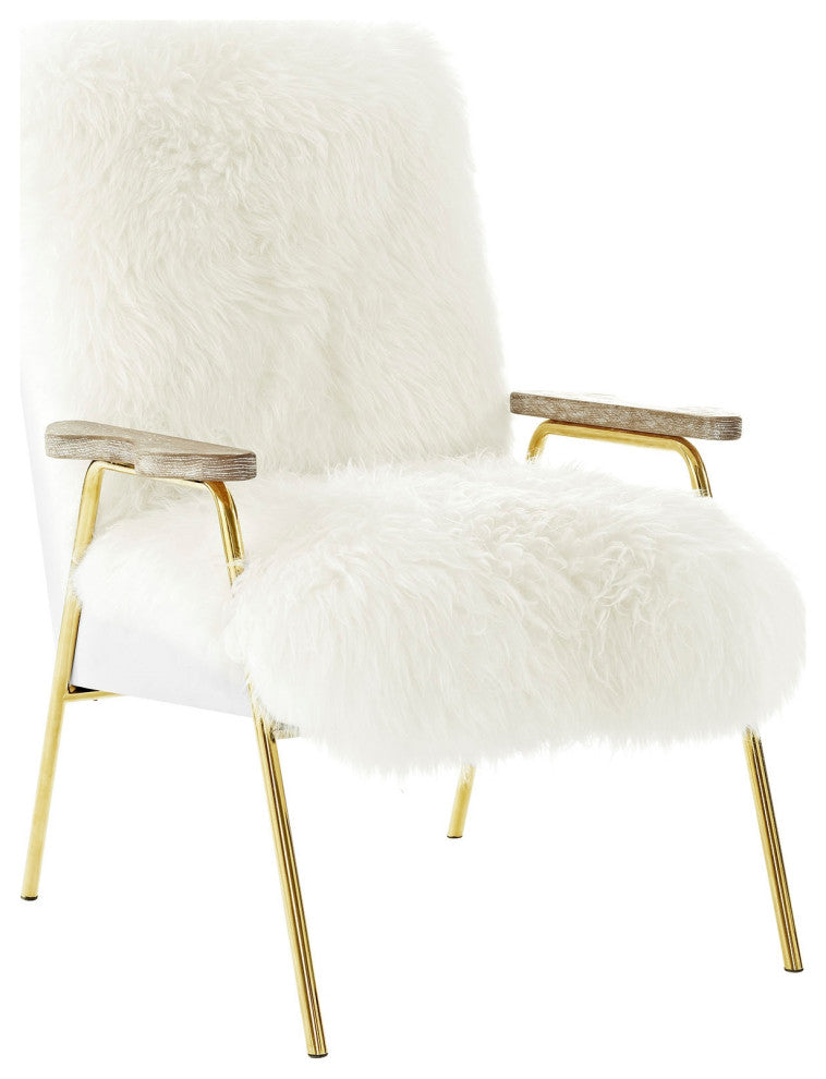 Sheepskin Armchair, Mid Century Modern Fur Accent Chair, Gold Lounge Chair, Whit