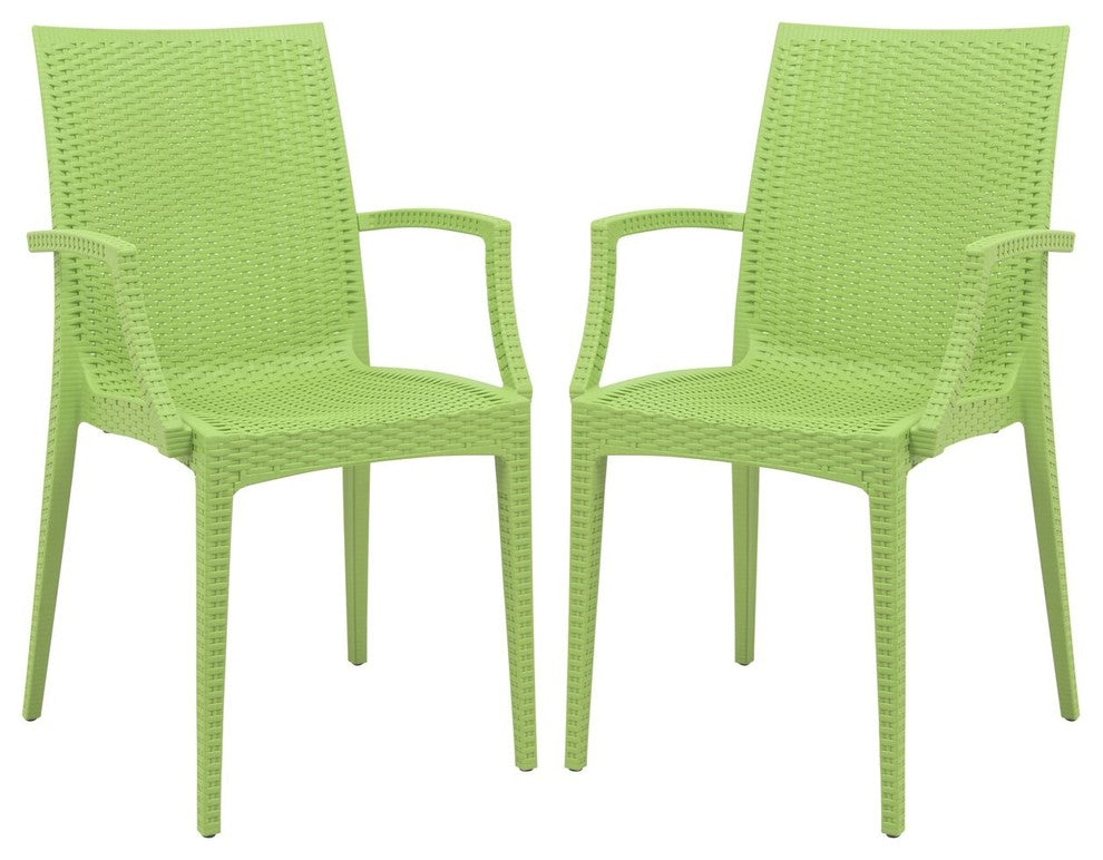 LeisureMod Weave Mace Indoor/Outdoor Dining Armchairs, Set of 2, Green
