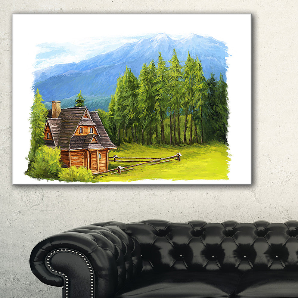 "Small Wooden Home in Mountains" Landscape Wall Art, 1 Panel, 60"x28"