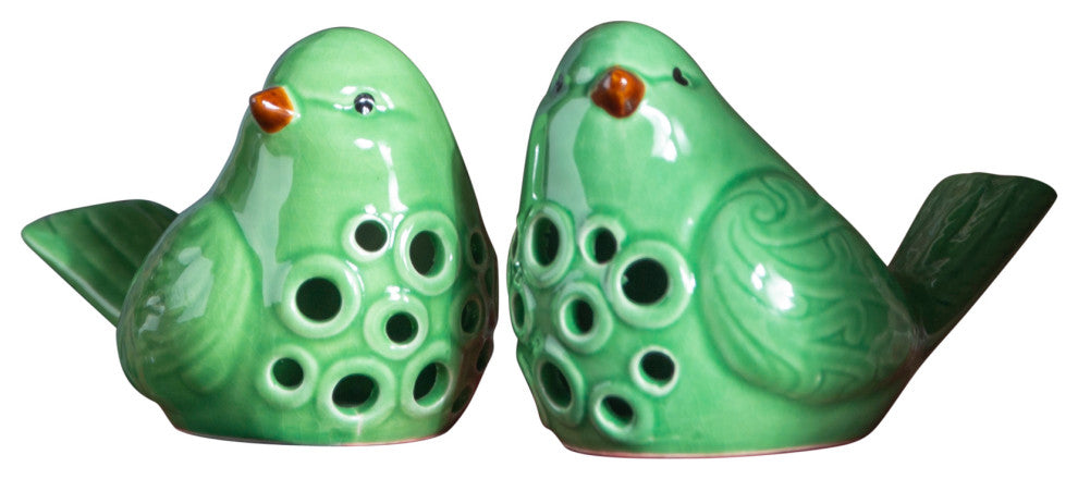 Porcelain Bird Figurines, 2-Piece Set, Green