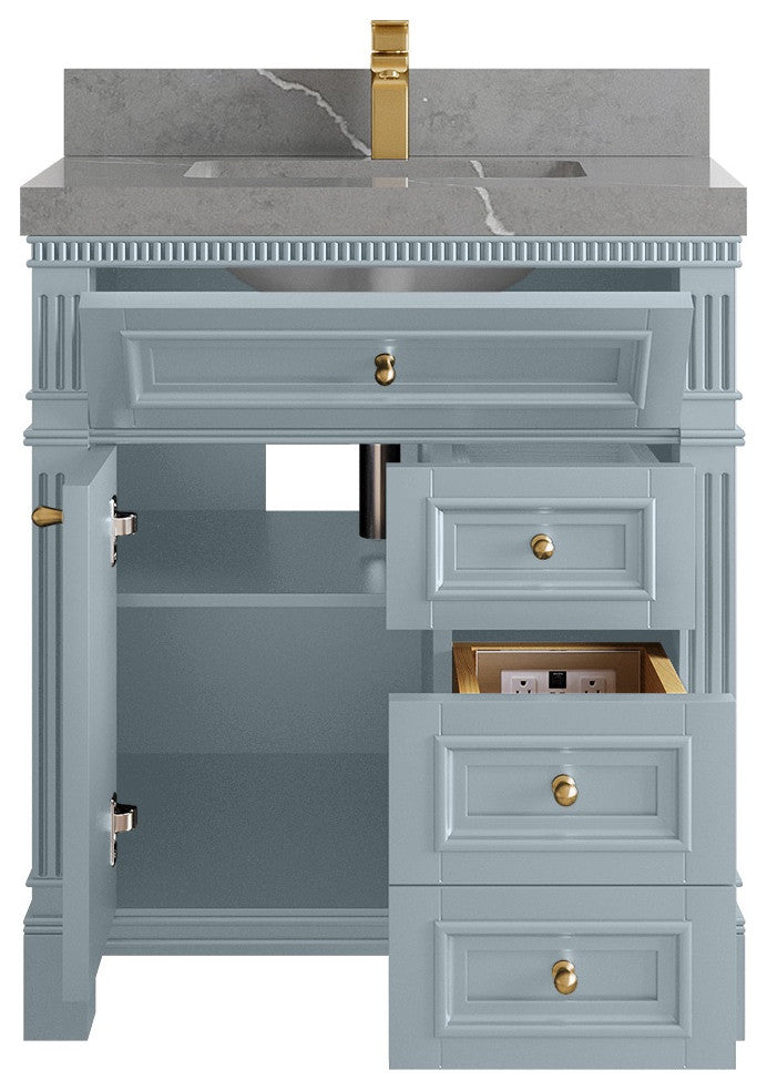 Paris 30" Single Sink Bathroom Vanity, Blue Heather 2" Piatra Gray