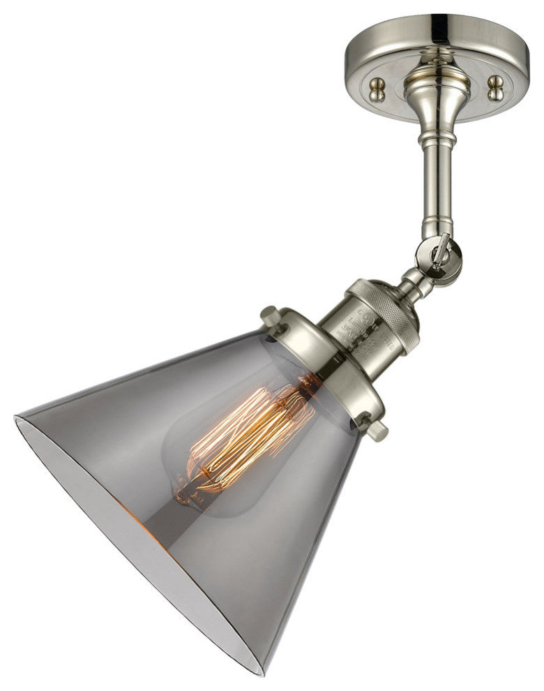 Large Cone 8" Semi-Flush Mount, Polished Nickel, Glass: Smoked