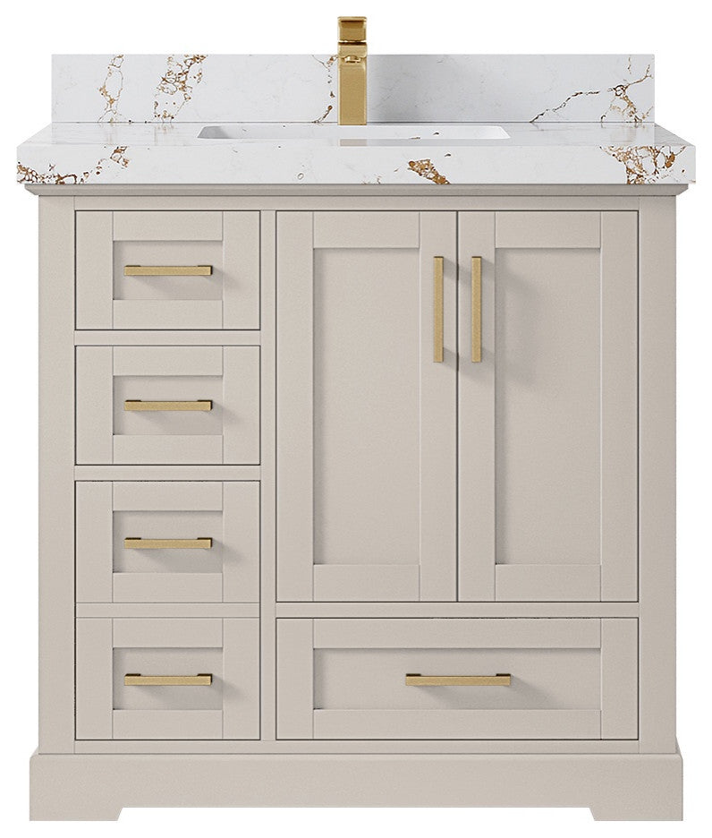 Boston 36" Center Sink Bath Vanity in Fine Grain 2" Viola Gold