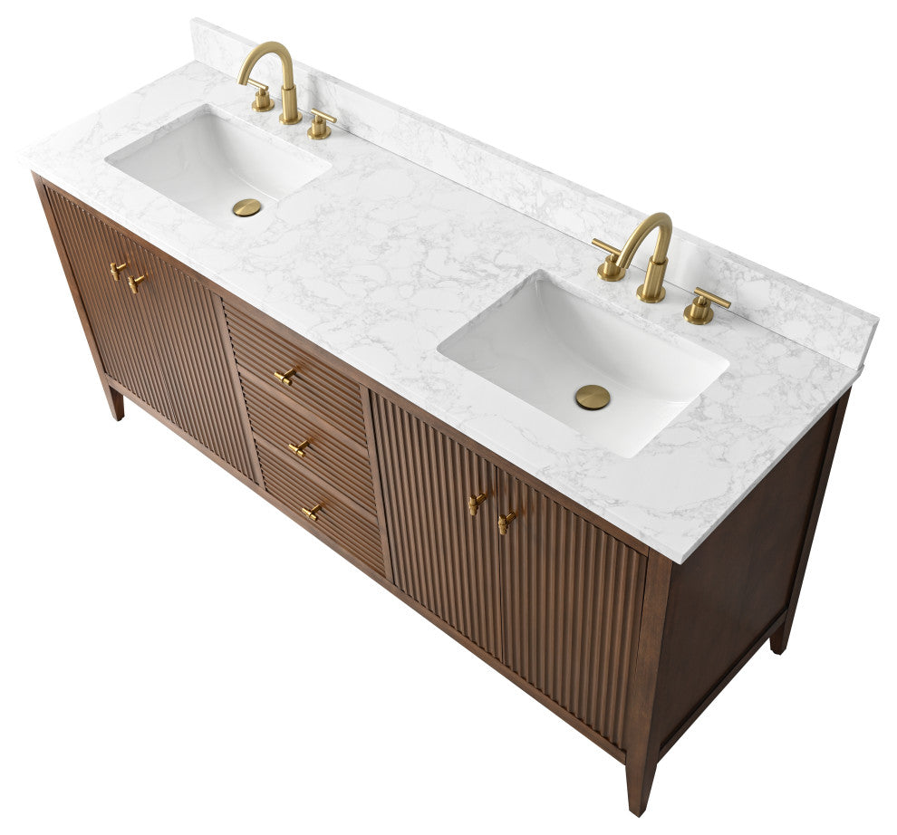 Vanity Art Freestanding Vanity, Walnut, 72", Double Sink, Golden Brushed