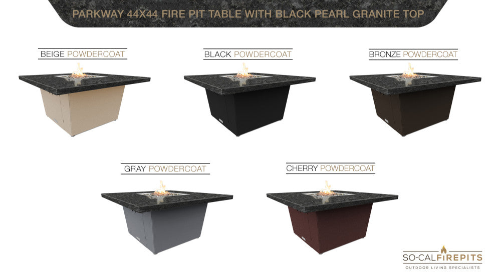 Square Fire Pit Table, 44x44, Chat Height, Propane, Black Pearl Granite Top, Gray