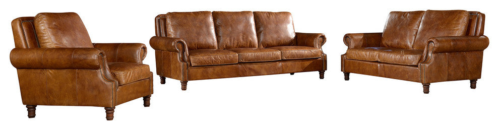 Leather English Rolled Arm Sofa, Light Brown