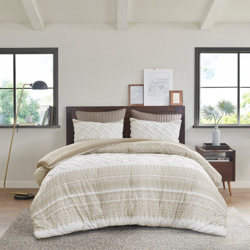 INK+IVY Mila 3 Piece Cotton Comforter Set With Chenille Tufting, Taupe