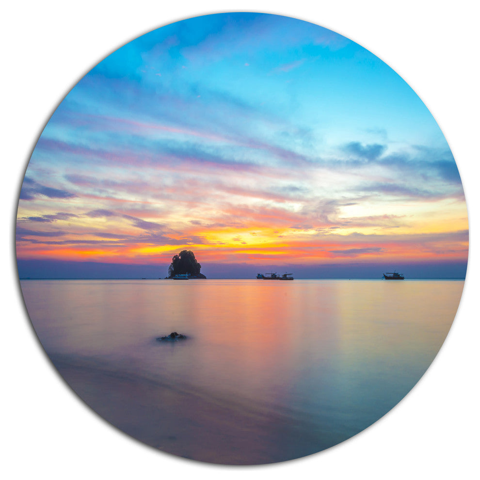 Bluish Calm Sunset And Seashore, Seashore Disc Metal Artwork, 38"